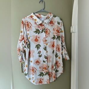 LuLaRoe Floral Valentina Ladies Large Button Down Shirt in Pinks, Green, White